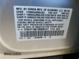 2005 Honda Pilot EX-L with VIN 5FNYF18675B000151, listed as a Copart auction lot 54762145 with 154,082 mi miles and Salvage Title. Bid and sale history available at DreamBid. Image 13.