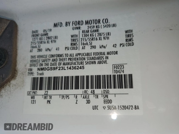 2020 Ford Transit Connect XLT with VIN NM0GS9F23L1436245, listed as a Copart auction lot 58980995 with 119,868 mi miles and Clean title. Bid and sale history available at DreamBid. Image 13.