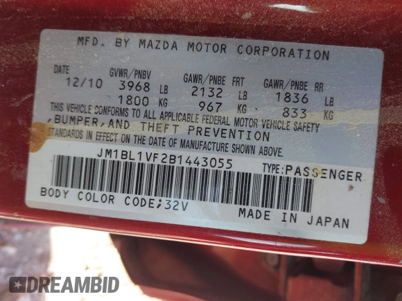 2011 Mazda 3 i Touring with VIN JM1BL1VF2B1443055, listed as a IAAI auction lot 41994706 with 180,293 mi miles and . Bid and sale history available at DreamBid. Image 9.