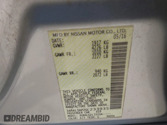2016 Nissan Altima SR with VIN 1N4AL3AP2GC233935, listed as a IAAI auction lot 42010942 with 116,757 mi miles and . Bid and sale history available at carsss.com. Image 9.