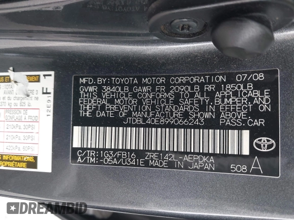 2009 Toyota Corolla with VIN JTDBL40E899066243, listed as a IAAI auction lot 41884292 with 219,338 mi miles. Bid and sale history available at carsss.com. Image 9.