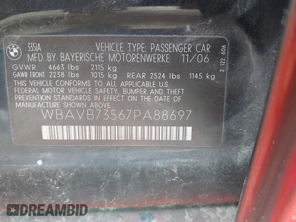 2007 BMW 3 Series 335i with VIN WBAVB73567PA88697, listed as a IAAI auction lot 41748131 with 143,519 mi miles. Bid and sale history available at carsss.com. Image 9.