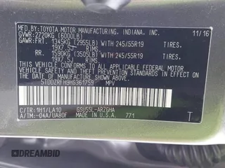 2017 Toyota Highlander Limited with VIN 5TDDZRFH9HS361759, listed as a IAAI auction lot 41359936 with 102,705 mi miles and . Bid and sale history available at DreamBid. Image 9.