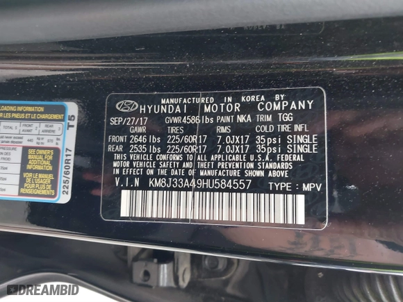 2017 Hyundai Tucson SE Plus with VIN KM8J33A49HU584557, listed as a IAAI auction lot 41853951 with 105,602 mi miles. Bid and sale history available at carsss.com. Image 9.