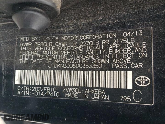 2013 Toyota Prius One with VIN JTDKN3DU5D0353350, listed as a Copart auction lot 54614615 with 473,857 mi miles and Clean Title. Bid and sale history available at carsss.com. Image 12.