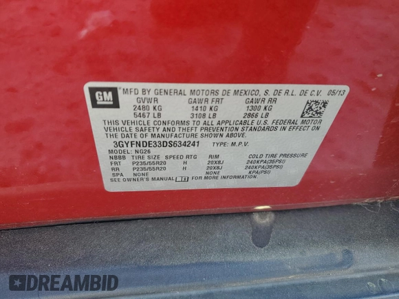 2013 Cadillac SRX Performance Collection with VIN 3GYFNDE33DS634241, listed as a Copart auction lot 51799355 with 111,583 mi miles and Salvage Title. Bid and sale history available at DreamBid. Image 15.