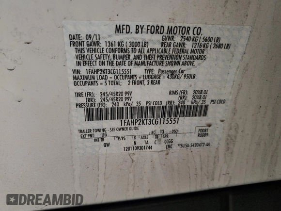 2012 Ford Taurus SHO with VIN 1FAHP2KT3CG115551, listed as a Copart auction lot 89291175 with 90,778 mi miles and Salvage title. Bid and sale history available at DreamBid. Image 12.