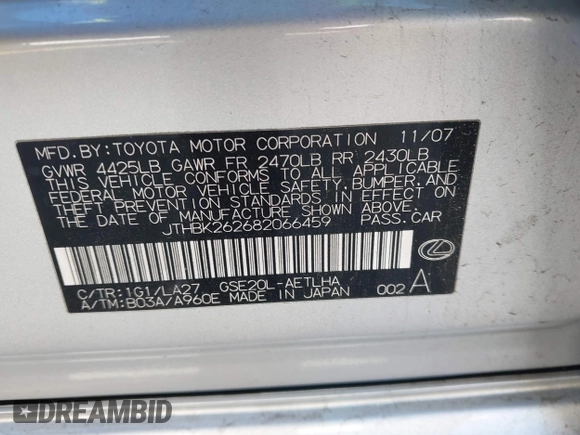 2008 Lexus IS 250 with VIN JTHBK262682066459, listed as a IAAI auction lot 41643393 with 156,091 mi miles and . Bid and sale history available at DreamBid. Image 9.