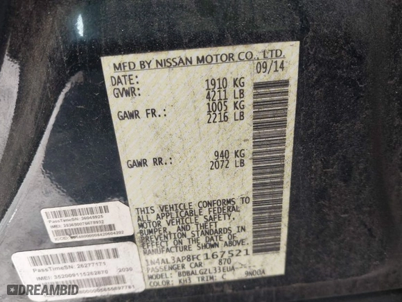 2015 Nissan Altima 2.5 S with VIN 1N4AL3AP8FC167521, listed as a IAAI auction lot 41728650 with 285,724 mi miles. Bid and sale history available at carsss.com. Image 9.