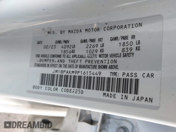 2023 Mazda 3 S Select with VIN JM1BPAKM9P1615449, listed as a IAAI auction lot 41576896 with 27,712 mi miles and . Bid and sale history available at DreamBid. Image 9.