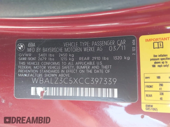 2012 BMW 6 Series 650i with VIN WBALZ3C5XCC397339, listed as a IAAI auction lot 39710830 with 59,467 mi miles. Bid and sale history available at carsss.com. Image 9.
