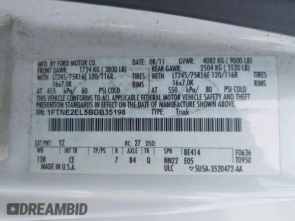 2011 Ford Econoline Cargo Commercial with VIN 1FTNE2EL5BDB35198, listed as a IAAI auction lot 42181448 with 205,128 mi miles and . Bid and sale history available at DreamBid. Image 9.