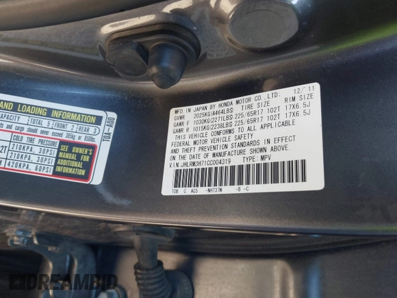 2012 Honda CR-V EX-L with VIN JHLRM3H71CC004319, listed as a IAAI auction lot 42100167 with 117,397 mi miles and . Bid and sale history available at carsss.com. Image 9.