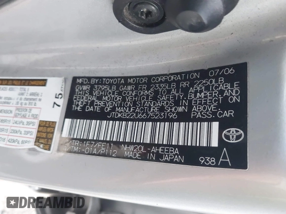 2006 Toyota Prius with VIN JTDKB22U667523196, listed as a IAAI auction lot 41865639 with 282,399 mi miles. Bid and sale history available at carsss.com. Image 9.