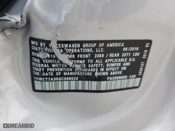 2016 Volkswagen Passat 1.8T SEL with VIN 1VWCT7A35GC066023, listed as a Copart auction lot 45839915 with 89,139 mi miles and Salvage Title. Bid and sale history available at carsss.com. Image 14.