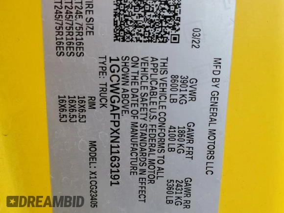 2022 Chevrolet Express Cargo with VIN 1GCWGAFPXN1163191, listed as a Copart auction lot 87840625 with Not provided miles and Salvage title. Bid and sale history available at DreamBid. Image 13.