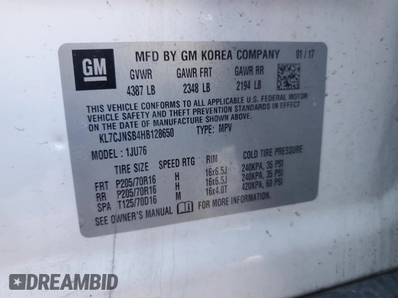 2017 Chevrolet Trax LS with VIN KL7CJNSB4HB128650, listed as a Copart auction lot 46163455 with 61,652 mi miles and Salvage Title. Bid and sale history available at carsss.com. Image 13.