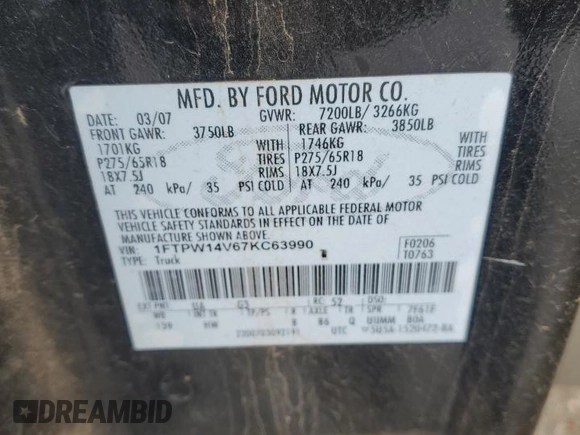 2007 Ford F-150 XLT with VIN 1FTPW14V67KC63990, listed as a Copart auction lot 50881595 with 187,770 mi miles and Salvage Title. Bid and sale history available at carsss.com. Image 12.