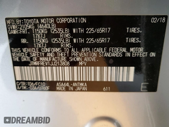 2018 Toyota RAV4 XLE with VIN JTMRFREV1JJ213808, listed as a Copart auction lot 54437805 with 56,972 mi miles and Salvage Title. Bid and sale history available at DreamBid. Image 12.