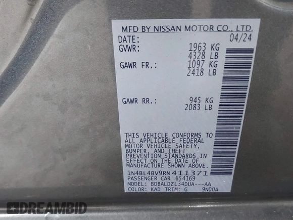 2024 Nissan Altima 2.5 S with VIN 1N4BL4BV9RN411371, listed as a IAAI auction lot 41558780 with 6,641 mi miles. Bid and sale history available at carsss.com. Image 9.