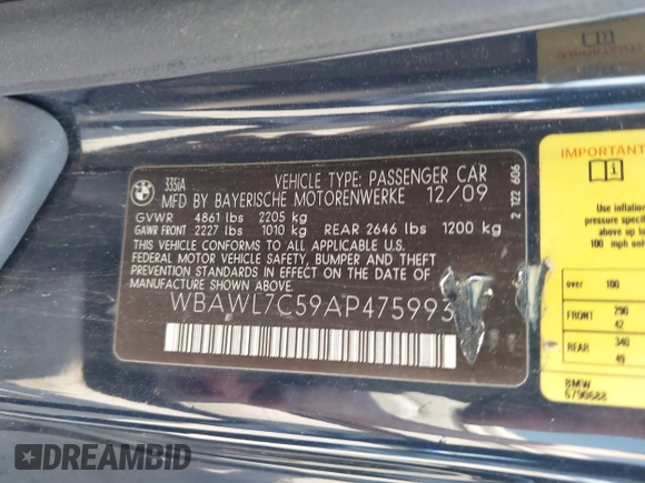 2010 BMW 3 Series 335i with VIN WBAWL7C59AP475993, listed as a IAAI auction lot 42112968 with 101,373 mi miles. Bid and sale history available at carsss.com. Image 9.