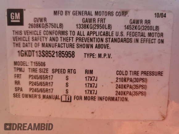 2005 GMC Envoy SLT with VIN 1GKDT13S852185958, listed as a Copart auction lot 68736194 with 225,398 mi miles and Salvage Title. Bid and sale history available at DreamBid. Image 13.