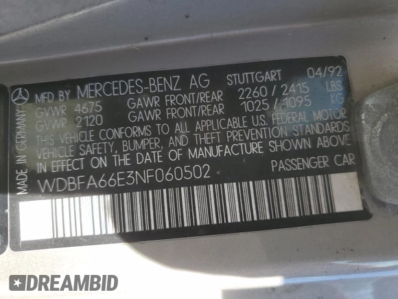 1992 Mercedes-Benz 500 z VIN WDBFA66E3NF060502, wystawiony jako Copart lot #50443615 z przebiegiem 99 956 mil mil oraz Czysty tytuł • Clean title. Historia ofert i sprzedaży dostępna na DreamBid. Obrazek 12.