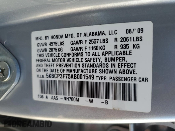 2010 Honda Accord EX z VIN 5KBCP3F75AB001549, wystawiony jako Copart lot #54424085 z przebiegiem 172 174 mil mil oraz Szkoda całkowita • Salvage title. Historia ofert i sprzedaży dostępna na DreamBid. Obrazek 12.