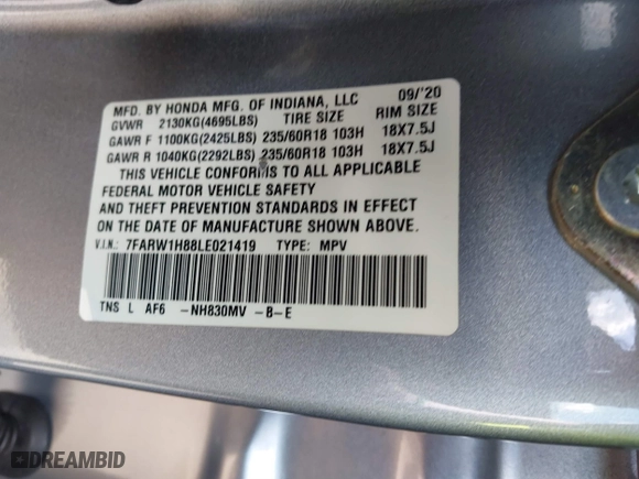 2020 Honda CR-V EX-L with VIN 7FARW1H88LE021419, listed as a IAAI auction lot 41538356 with 30,655 mi miles. Bid and sale history available at carsss.com. Image 9.