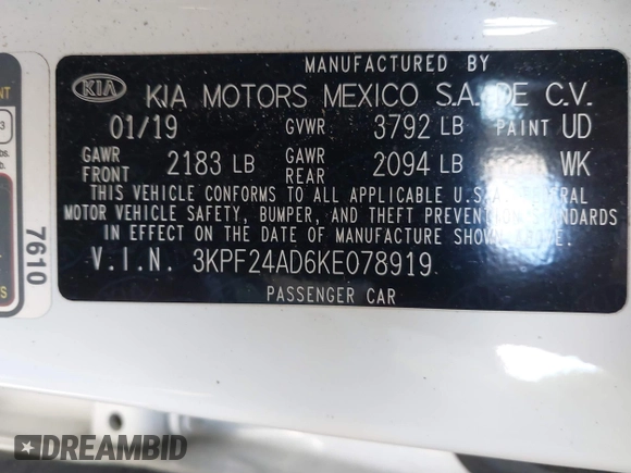 2019 Kia Forte LXS with VIN 3KPF24AD6KE078919, listed as a IAAI auction lot 41012080 with 71,998 mi miles. Bid and sale history available at carsss.com. Image 9.