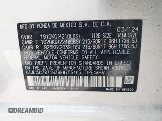 2024 Honda HR-V LX with VIN 3CZRZ1H36RM755403, listed as a IAAI auction lot 41677580 with 15,392 mi miles. Bid and sale history available at carsss.com. Image 9.