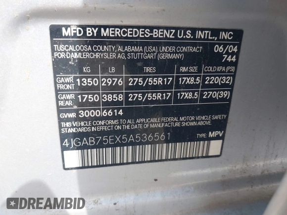 2005 Mercedes-Benz M 500 with VIN 4JGAB75EX5A536561, listed as a IAAI auction lot 40088398 with 206,184 mi miles and . Bid and sale history available at DreamBid. Image 9.