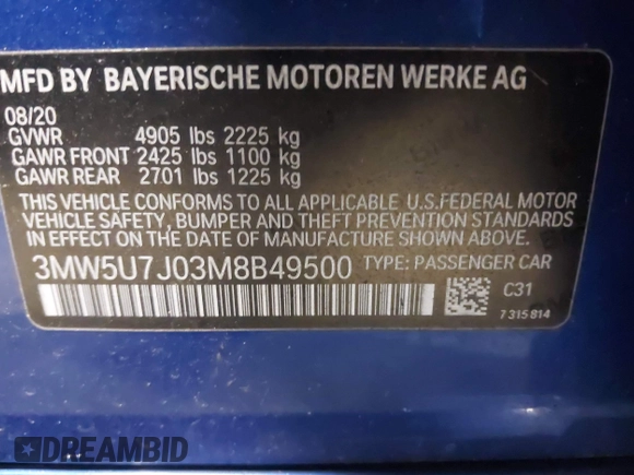2021 BMW 3 Series M340i with VIN 3MW5U7J03M8B49500, listed as a IAAI auction lot 41018975 with 77,471 mi miles. Bid and sale history available at carsss.com. Image 9.