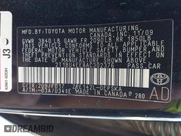 2010 Toyota Corolla with VIN 2T1BU4EE8AC302376, listed as a IAAI auction lot 42565980 with 168,002 mi miles and . Bid and sale history available at DreamBid. Image 9.