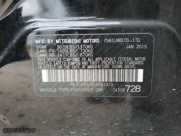 2015 Mitsubishi Mirage DE with VIN ML32A3HJ5FH041919, listed as a Copart auction lot 53329685 with 152,577 mi miles and Salvage Title. Bid and sale history available at carsss.com. Image 12.