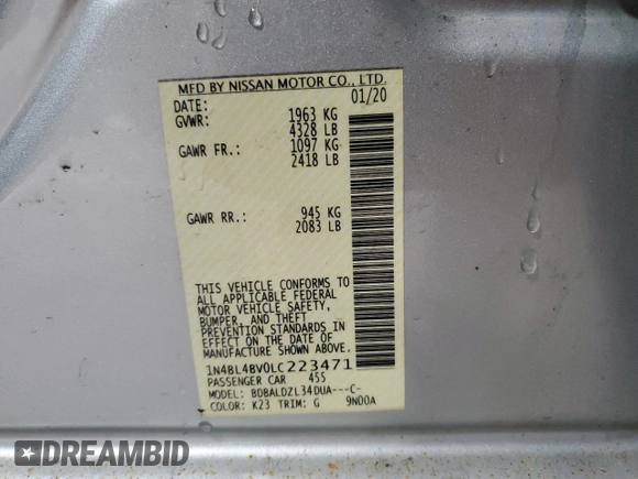 2020 Nissan Altima 2.5 S with VIN 1N4BL4BV0LC223471, listed as a Copart auction lot 42675045 with 115,376 mi miles and Clean Title. Bid and sale history available at carsss.com. Image 12.