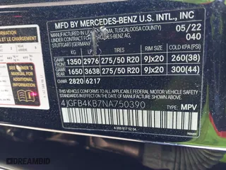 2022 Mercedes-Benz GLE with VIN 4JGFB4KB7NA750390, listed as a IAAI auction lot 41748827 with 90,567 mi miles. Bid and sale history available at carsss.com. Image 9.