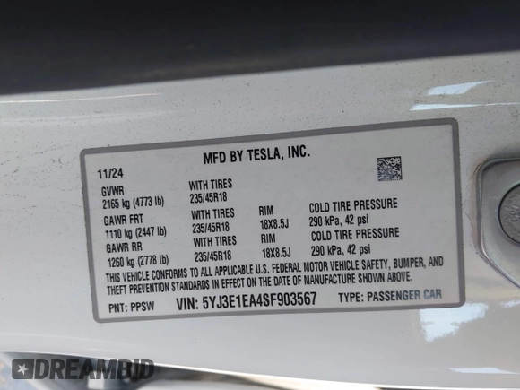 2025 Tesla Model 3 Long Range with VIN 5YJ3E1EA4SF903567, listed as a IAAI auction lot 42453246 with 19,365 mi miles and . Bid and sale history available at DreamBid. Image 9.