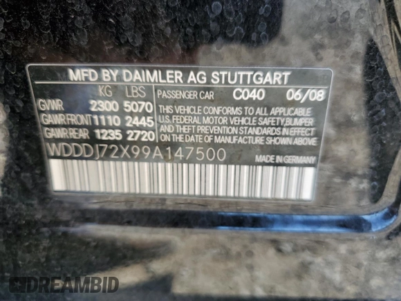 2009 Mercedes-Benz CLS 550 with VIN WDDDJ72X99A147500, listed as a Copart auction lot 74276374 with 73,957 mi miles and Salvage title. Bid and sale history available at DreamBid. Image 14.