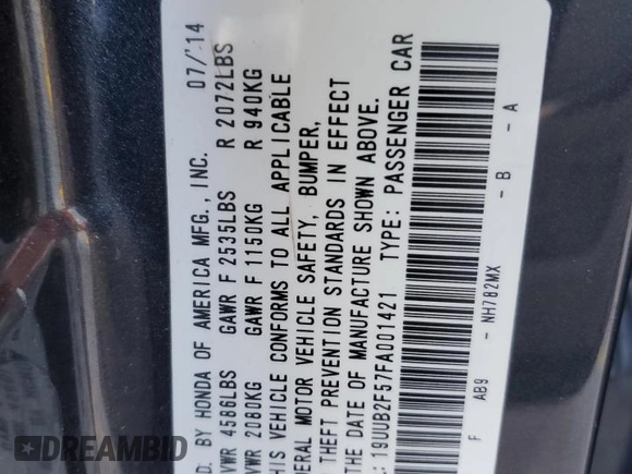 2015 Acura TLX V6 Tech with VIN 19UUB2F57FA001421, listed as a Copart auction lot 80546934 with 89,233 mi miles and Salvage Title. Bid and sale history available at carsss.com. Image 12.