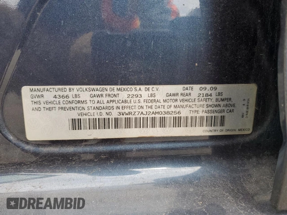 2010 Volkswagen Jetta SE with VIN 3VWRZ7AJ2AM038256, listed as a Copart auction lot 47631015 with 205,579 mi miles and Salvage title. Bid and sale history available at DreamBid. Image 12.