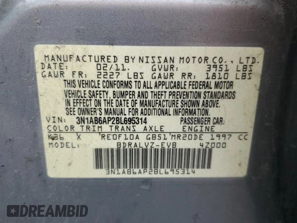2011 Nissan Sentra SL with VIN 3N1AB6AP2BL695314, listed as a Copart auction lot 61017245 with 144,907 mi miles and Salvage title. Bid and sale history available at DreamBid. Image 12.
