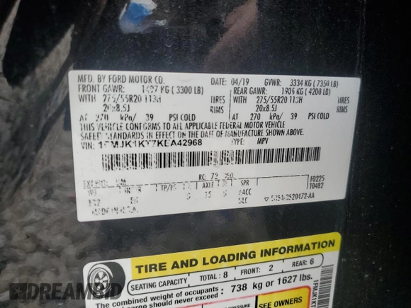 2019 Ford Expedition Max Limited with VIN 1FMJK1KT7KEA42968, listed as a Copart auction lot 54126135 with 110,910 mi miles and Salvage title. Bid and sale history available at DreamBid. Image 13.