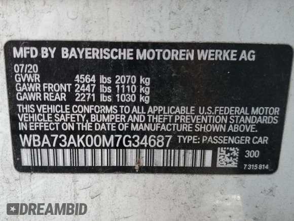 2021 BMW 2 Series 228i xDrive with VIN WBA73AK00M7G34687, listed as a Copart auction lot 43395285 with 34,868 mi miles and Salvage Title. Bid and sale history available at carsss.com. Image 12.