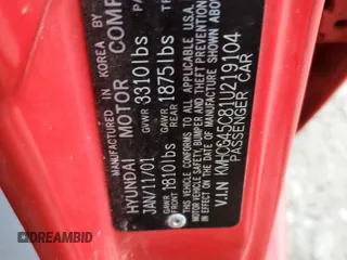 2001 Hyundai Accent GL with VIN KMHCG45C81U219104, listed as a Copart auction lot 51597985 with 157,597 mi miles and Salvage Title. Bid and sale history available at carsss.com. Image 13.