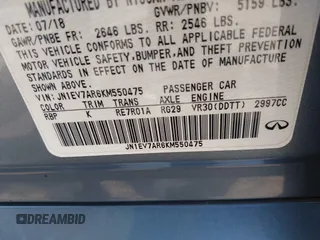2019 Infiniti Q50 Luxe with VIN JN1EV7AR6KM550475, listed as a IAAI auction lot 42059071 with 79,534 mi miles and . Bid and sale history available at DreamBid. Image 9.
