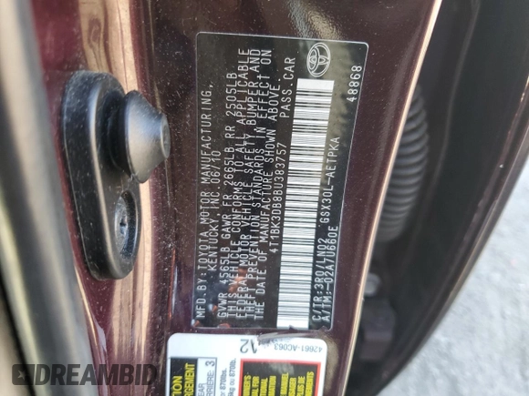 2011 Toyota Avalon with VIN 4T1BK3DB8BU383757, listed as a Copart auction lot 54516475 with 261,040 mi miles and Salvage Title. Bid and sale history available at carsss.com. Image 13.