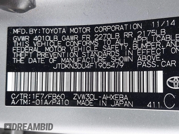 2015 Toyota Prius Four with VIN JTDKN3DU4F1905479, listed as a IAAI auction lot 41646946 with 162,969 mi miles. Bid and sale history available at carsss.com. Image 9.