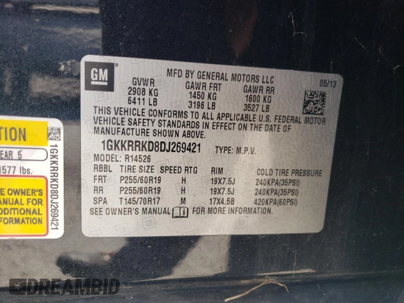 2013 GMC Acadia SLT with VIN 1GKKRRKD8DJ269421, listed as a Copart auction lot 46314475 with 0 mi miles and Salvage Title. Bid and sale history available at carsss.com. Image 13.