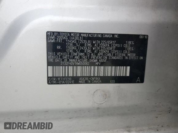 2010 Toyota RAV4 with VIN 2T3ZF4DV1AW050082, listed as a Copart auction lot 61306205 with 174,437 mi miles and Clean title. Bid and sale history available at DreamBid. Image 13.
